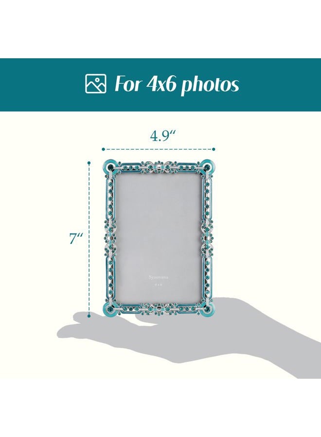 Synovana Romantic Jeweled 4x6 Photo Frame – Silver with Blue Crystal Accents, Ornate Vintage-Style Picture Frame for Tabletop Display Gift - Image 2