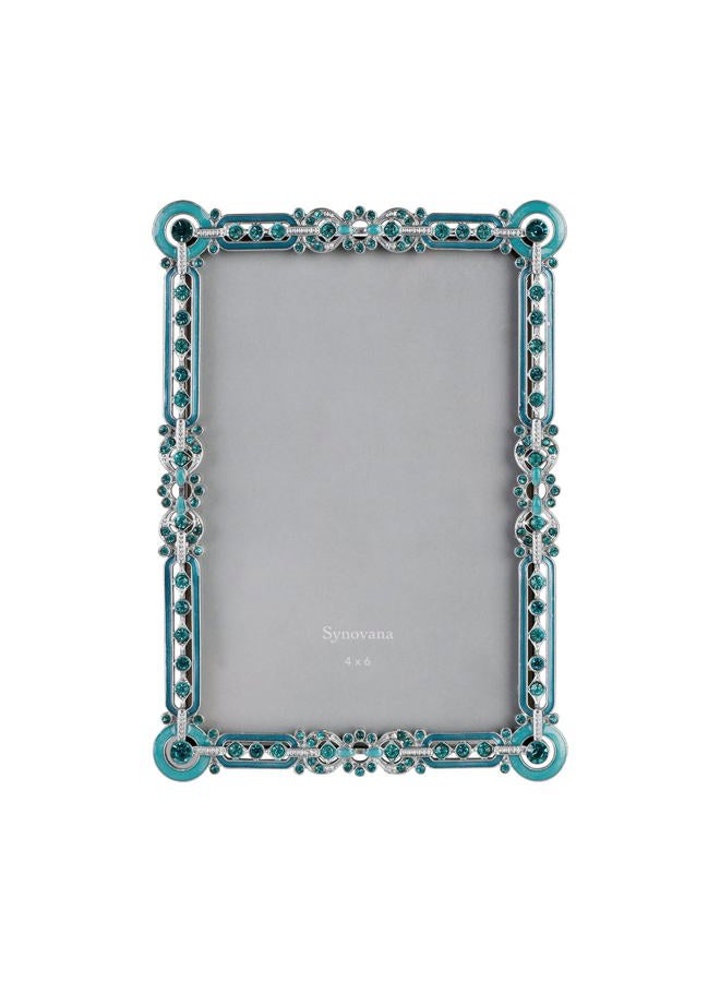 Synovana Romantic Jeweled 4x6 Photo Frame – Silver with Blue Crystal Accents, Ornate Vintage-Style Picture Frame for Tabletop Display Gift - Image 1