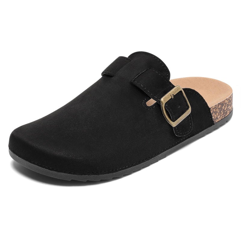 DDXYYDS Suede Clogs Men & Women Unisex Leather Mules Soft Cork Footbed Adjustable Buckle Slip Sandals Potato Shoes with Arch Support Black - Image 1