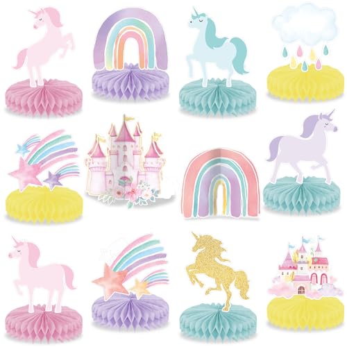 Oitnlaughter 12Pcs Unicorn Rainbow Honeycomb Centerpieces Magical Pastel Unicorn Party Decoration Pastel Rainbow Castle Table Topper Centerpiece for Girls Princess Theme Happy Birthday Baby Shower Party Decor - Image 1