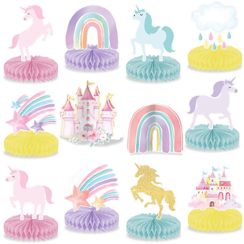 Oitnlaughter 12Pcs Unicorn Rainbow Honeycomb Centerpieces Magical Pastel Unicorn Party Decoration Pastel Rainbow Castle Table Topper Centerpiece for Girls Princess Theme Happy Birthday Baby Shower Party Decor - Image 3