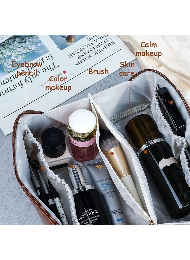 SKYTONE 12 Cms Large Capacity Cosmetic Travel Bag, Women's Makeup Travel Accessory- Cosmetic Bag Portable Leather, Makeup Bags with Handle & Divider, Wide Opening Cosmetic/Makeup Organizer (Brown) - Image 4
