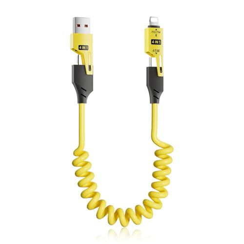 Verilux 4 in1 Type C Cable with Spring, PD65W C Type Cable Fast Charging, 480Mbps Data Transfer USB to Type C Cable, Multi Adjustable Charging Cable with Type C/USB A/Light-ning Port for iPhone 16/15 - Image 1