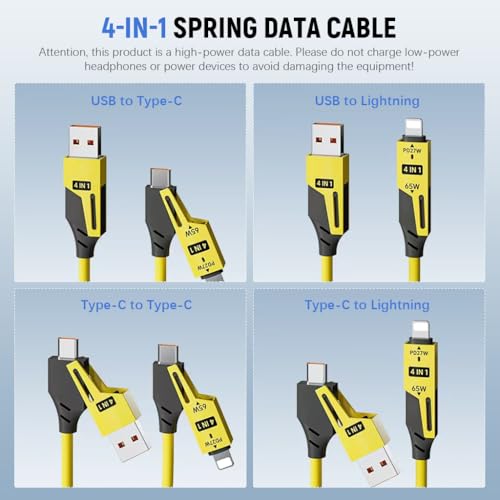 Verilux 4 in1 Type C Cable with Spring, PD65W C Type Cable Fast Charging, 480Mbps Data Transfer USB to Type C Cable, Multi Adjustable Charging Cable with Type C/USB A/Light-ning Port for iPhone 16/15 - Image 2