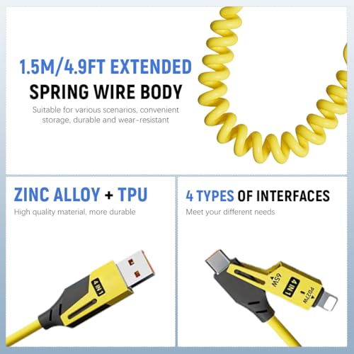 Verilux 4 in1 Type C Cable with Spring, PD65W C Type Cable Fast Charging, 480Mbps Data Transfer USB to Type C Cable, Multi Adjustable Charging Cable with Type C/USB A/Light-ning Port for iPhone 16/15 - Image 5
