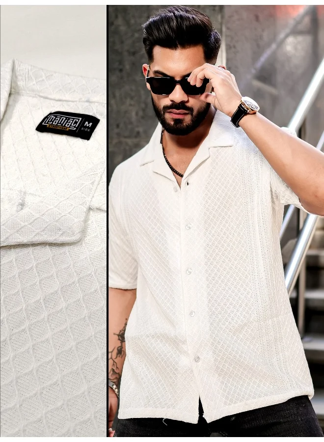 مانياك قميص رجالي أبيض بنقوش جاكار بياقة 3/4
