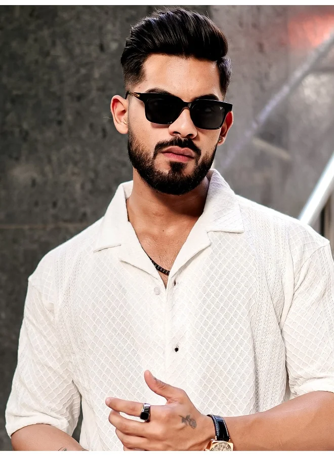 مانياك قميص رجالي أبيض بنقوش جاكار بياقة 3/4