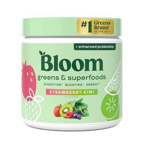 Bloom Nutrition مسحوق بلوم للتغذية من الخضروات والأطعمة الخارقة لصحة الجهاز الهضمي - مسحوق الخضروات - إنزيمات هضمية - بروبيوتيك - سبيرولينا - كلورلا لدعم البطن - عصير أخضر 30 حصة - فراولة وكيوي