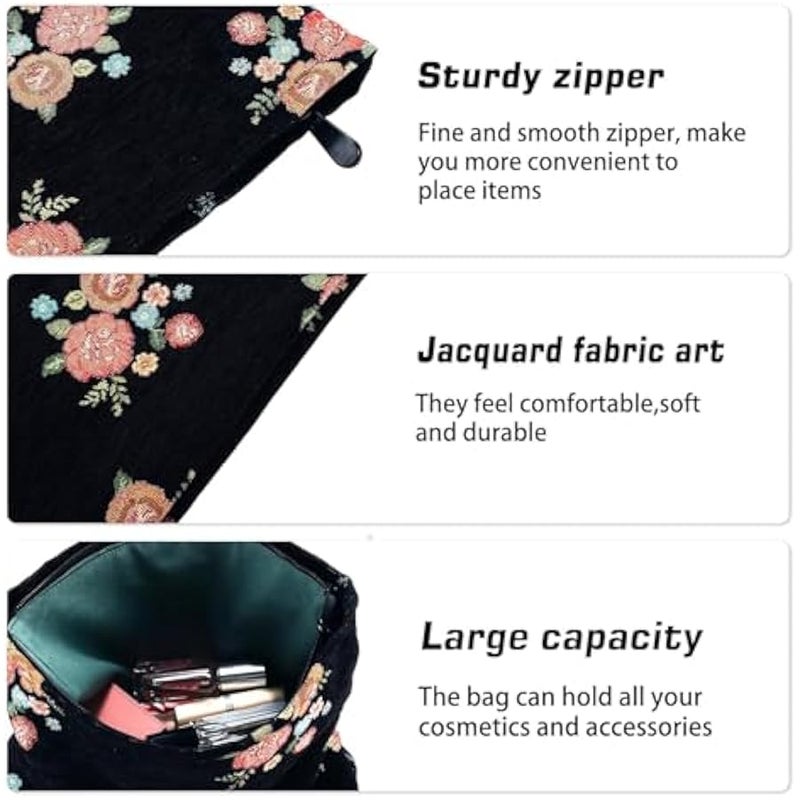 حقيبة مكياج بتصميم زهور للسفر حقيبة مستحضرات تجميل كبيرة بسحاب حقيبة مكياج سوداء عتيقة للنساء والبنات والام والجدة والصديقة وزميلة العمل والمعلمة ووصيفات العروس والصديقة، لون اسود - Image 3