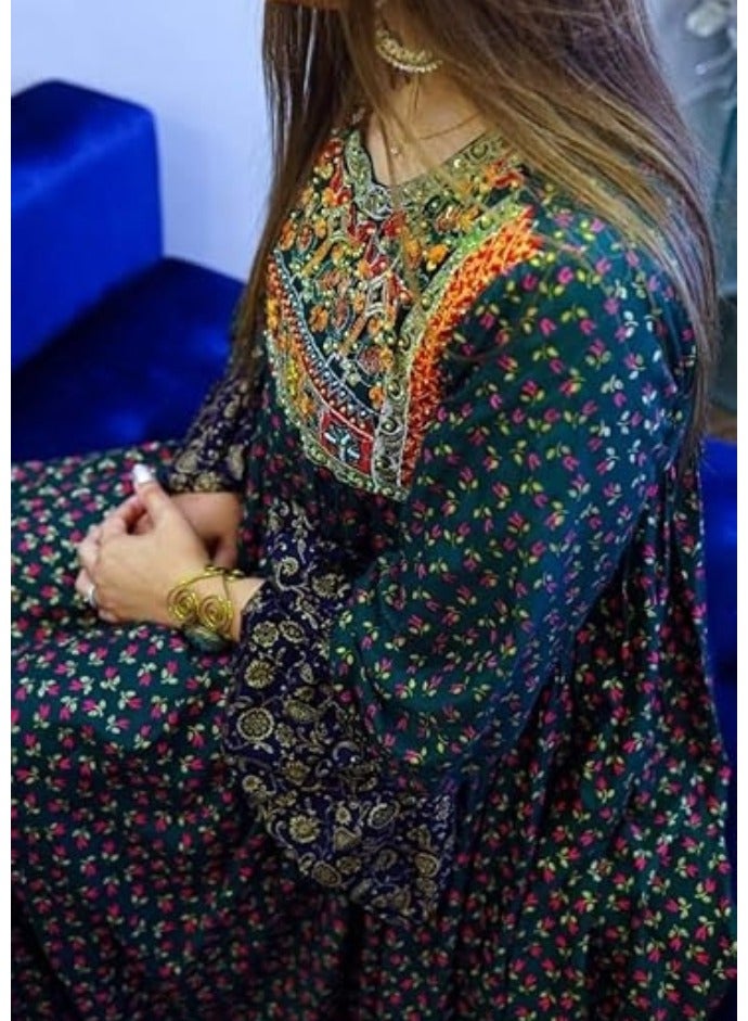 Winchell's Embellished dark colored dress with small floral prints and embellishments that appears to be in blue/multi-color tones | Regular Size - Image 3