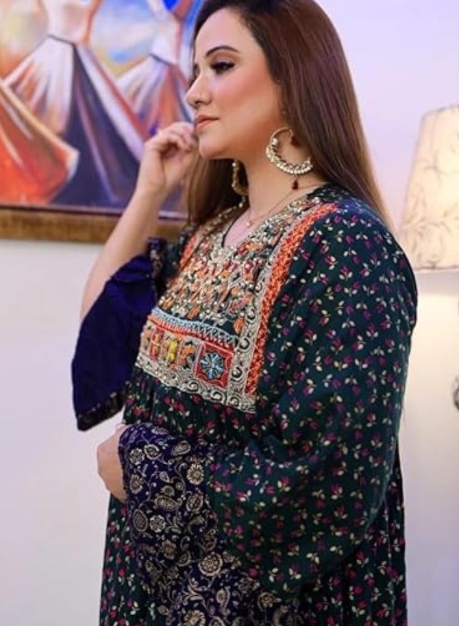 Winchell's Embellished dark colored dress with small floral prints and embellishments that appears to be in blue/multi-color tones | Regular Size - Image 4