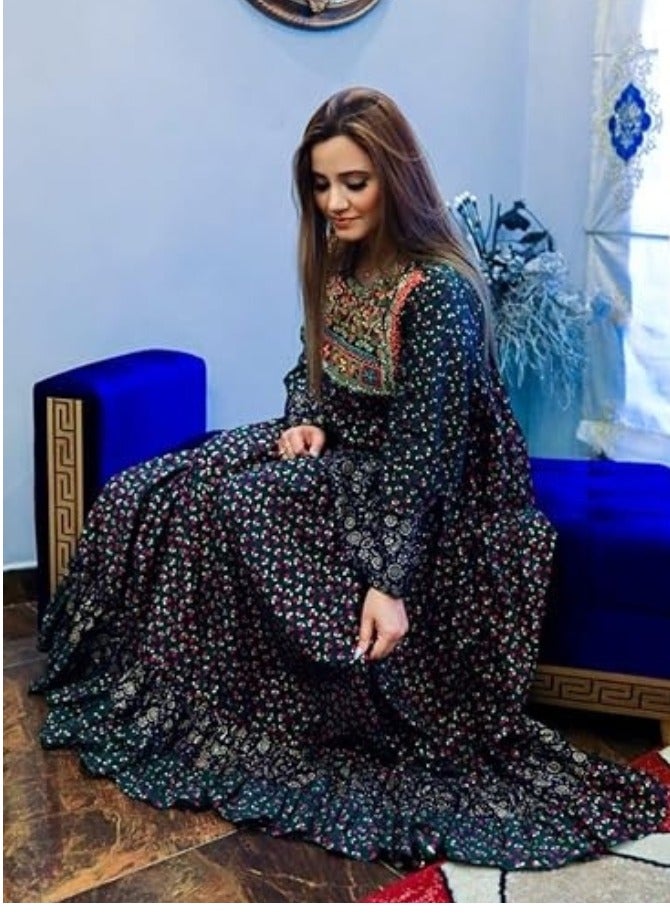 Winchell's Embellished dark colored dress with small floral prints and embellishments that appears to be in blue/multi-color tones | Regular Size - Image 2