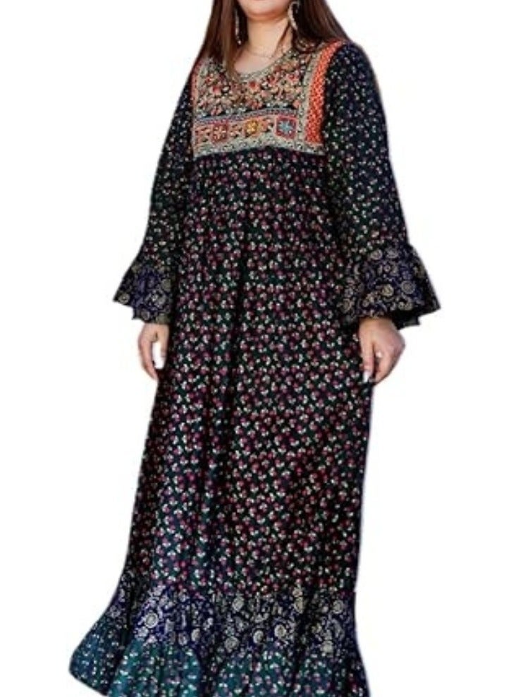 Winchell's Embellished dark colored dress with small floral prints and embellishments that appears to be in blue/multi-color tones | Regular Size - Image 1