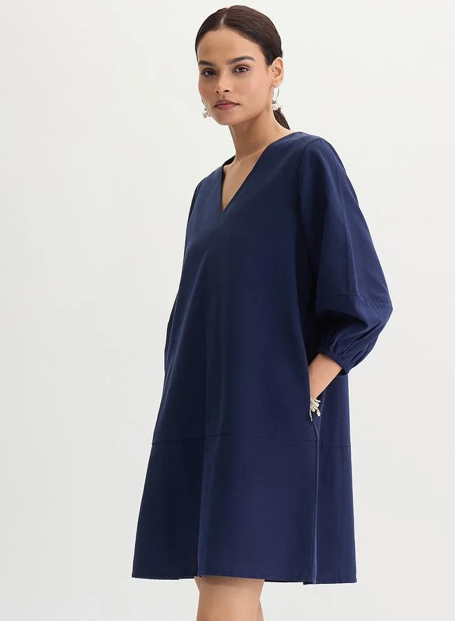 فيميلا فستان قصير من قماش قطني وكتان بأكمام بطول 3/4