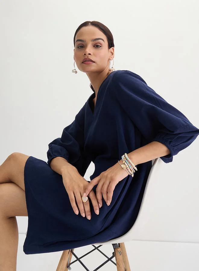 Femmella navy blue Navy Blue Cotton Linen Mini Dress with 3/4 Sleeves for Women | Best Price UAE