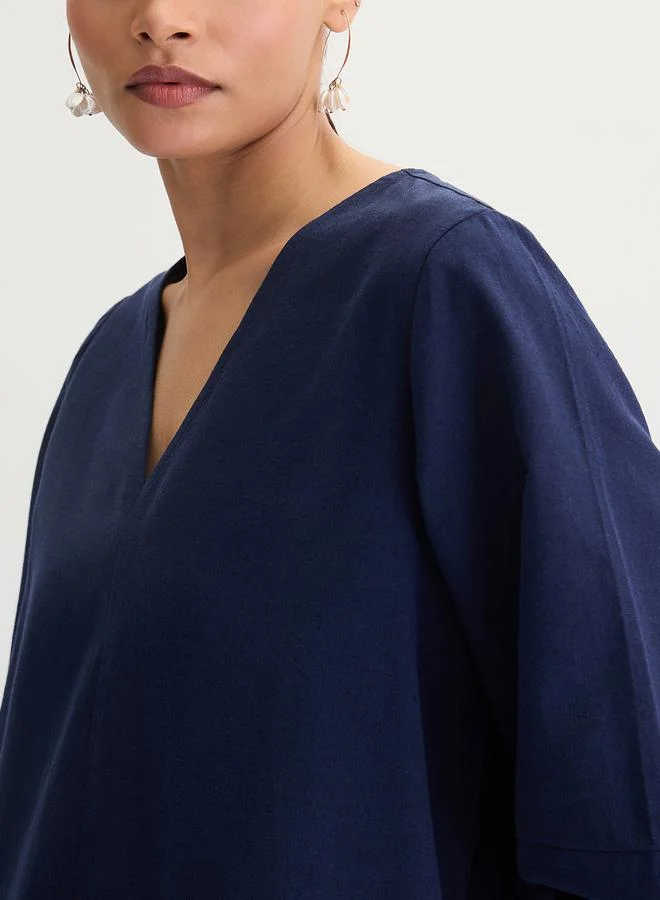 Femmella navy blue Navy Blue Cotton Linen Mini Dress with 3/4 Sleeves for Women | Best Price UAE