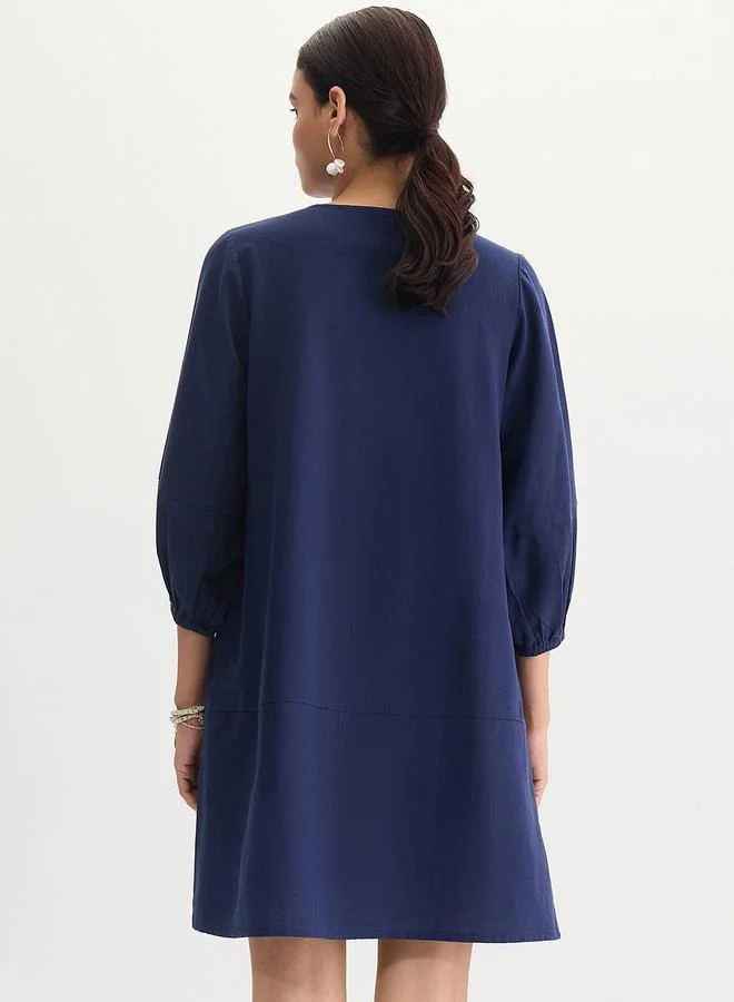 Femmella navy blue Navy Blue Cotton Linen Mini Dress with 3/4 Sleeves for Women | Best Price UAE