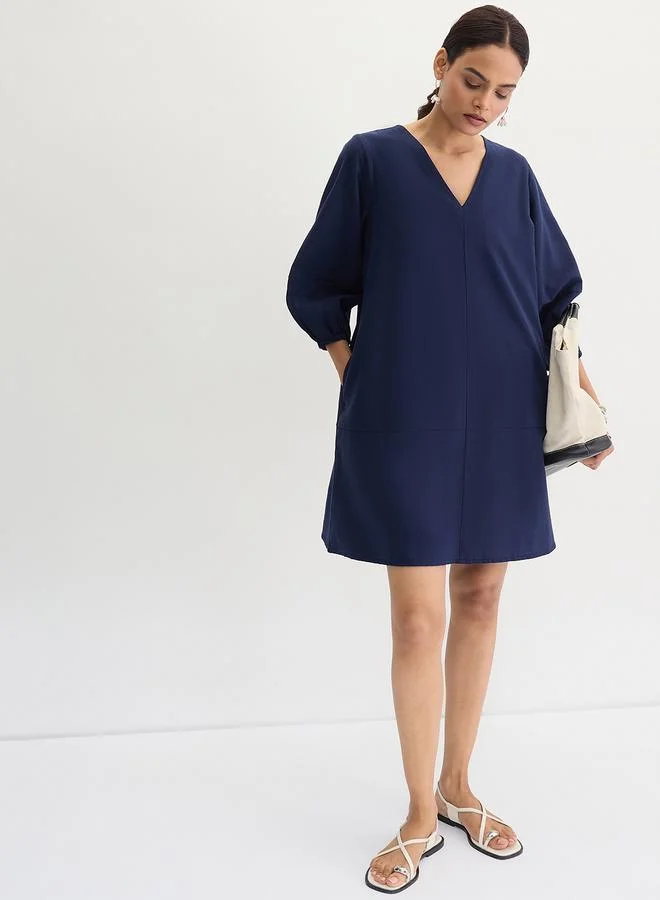 Femmella navy blue Navy Blue Cotton Linen Mini Dress with 3/4 Sleeves for Women | Best Price UAE