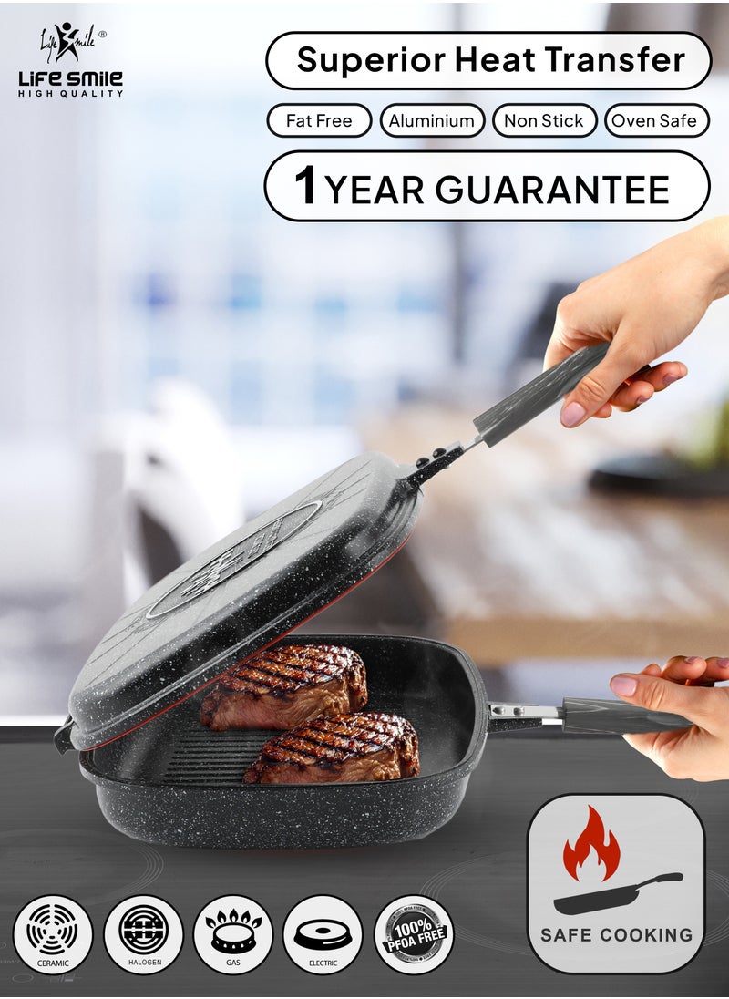 Life Smile - 36cm Smart Double Grill Deep Frying Pan - 5 Layer Granite Non-Stick Coating With Magnetic Handle - Flipping Grill Frying Pan | Multiple Hob Compatibility - Image 1