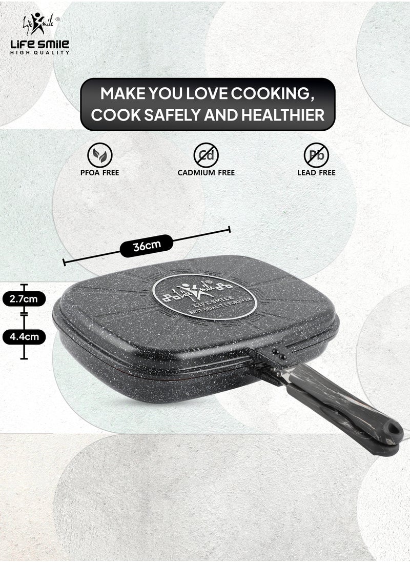 Life Smile - 36cm Smart Double Grill Deep Frying Pan - 5 Layer Granite Non-Stick Coating With Magnetic Handle - Flipping Grill Frying Pan | Multiple Hob Compatibility - Image 1