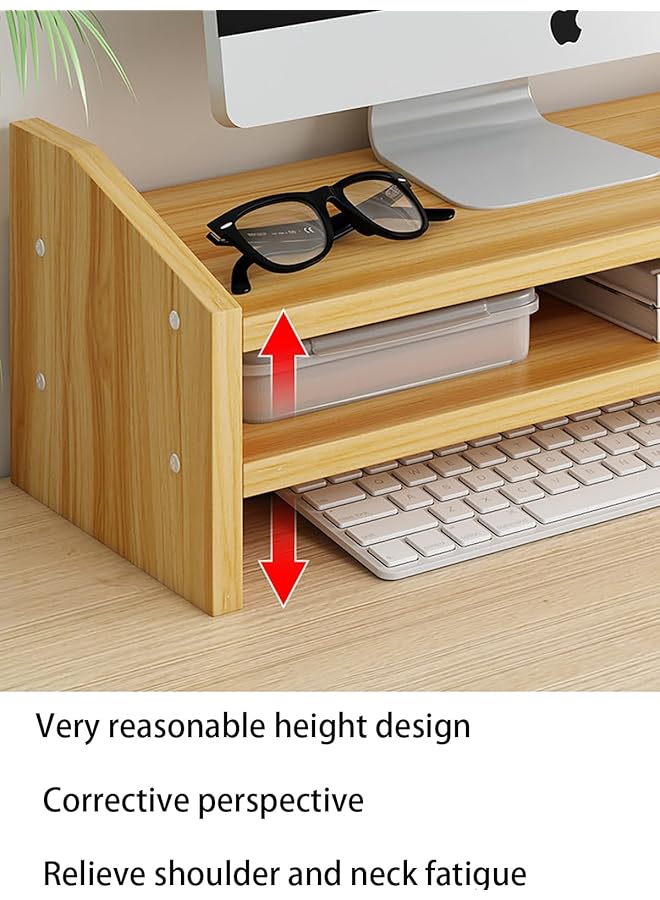 إيروريكس حامل شاشة كمبيوتر خشبي من طبقتين ومنظم مكتب كمبيوتر مع مساحة تخزين وحامل قلم وحامل شاشة كمبيوتر محمول لشاشة الكمبيوتر الشخصي وشاشة إيماك بلون خشبي - Image 5