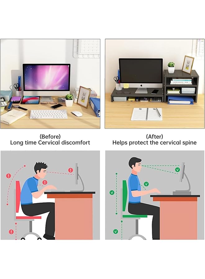 إيروريكس حامل شاشة كمبيوتر خشبي من طبقتين ومنظم مكتب كمبيوتر مع مساحة تخزين وحامل قلم وحامل شاشة كمبيوتر محمول لشاشة الكمبيوتر الشخصي وشاشة إيماك بلون خشبي - Image 4