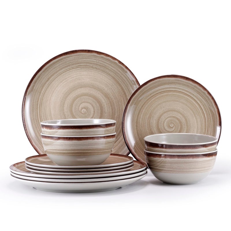 Hesinco Melamine Dinnerware Sets Dinnerware Sets for 4 12Pcs Plates And Bowls Sets Lightweight and Unbreakable Dish Set for Camping PicnicRV Dishwasher SafeBPA FreeBrown - Image 1