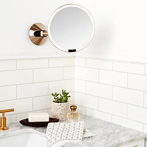 simplehuman Sensor Mirror, Wall Mount Makeup Mirror with Light, 8" Round Lighted with Magnification (5X), Hard Wired, Swing Arm, Brass Stainless Steel - Image 2
