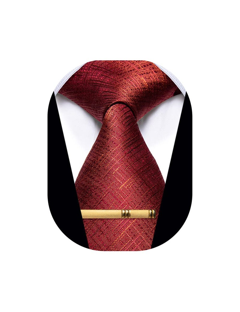 YourTies Mens Necktie Silk Red Ties for Men Solid Tie with Clip Wedding Party Business - Image 1