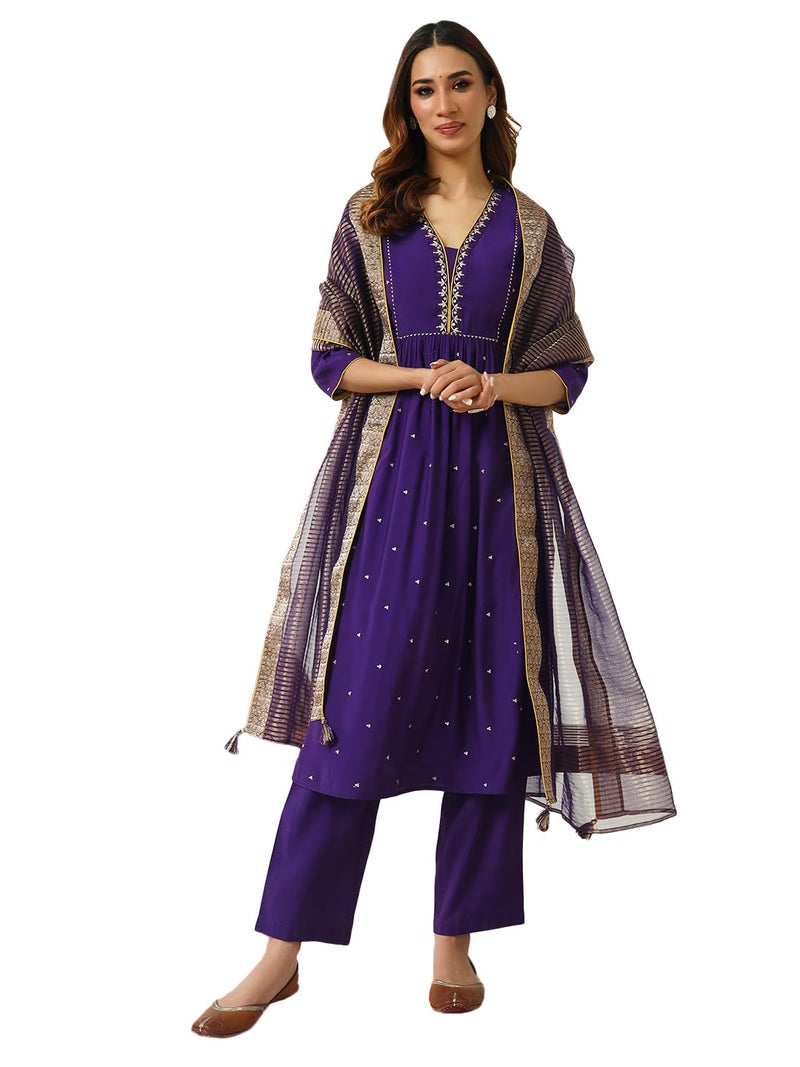 FIORRA Women's Purple Chanderi A-line Kurta with Pant and Dupatta - Image 1