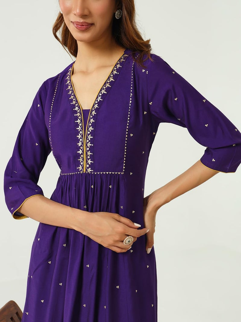 FIORRA Women's Purple Chanderi A-line Kurta with Pant and Dupatta - Image 5
