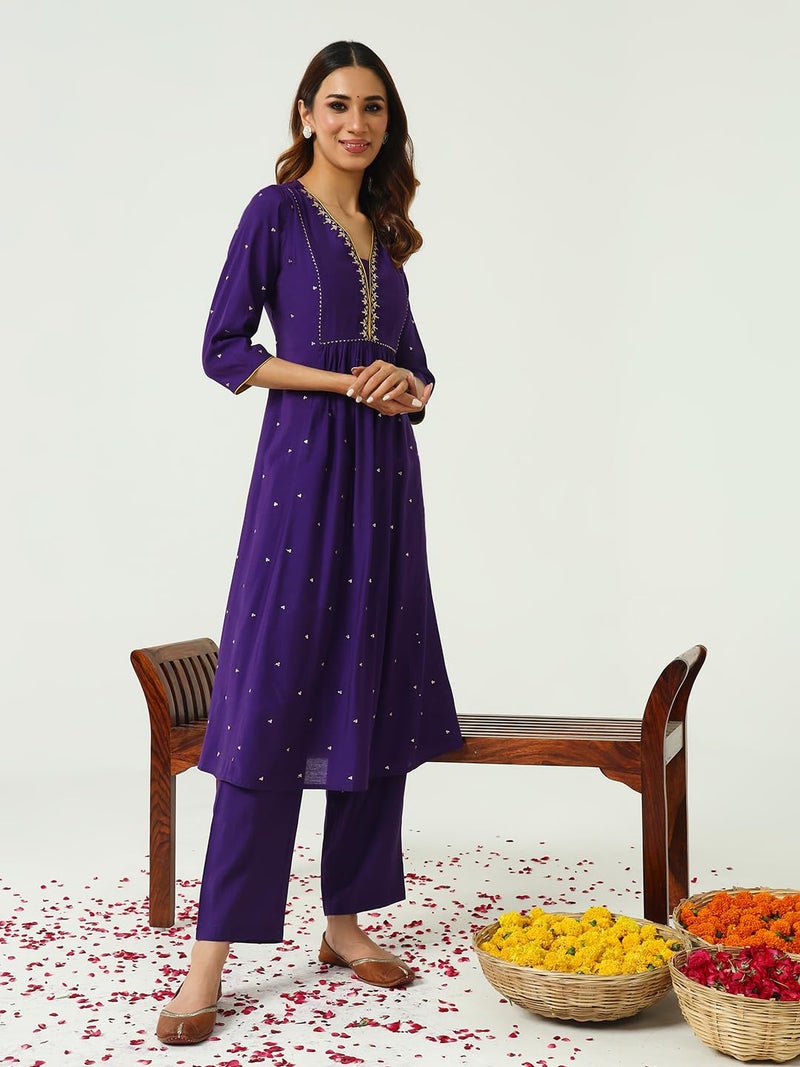 FIORRA Women's Purple Chanderi A-line Kurta with Pant and Dupatta - Image 3