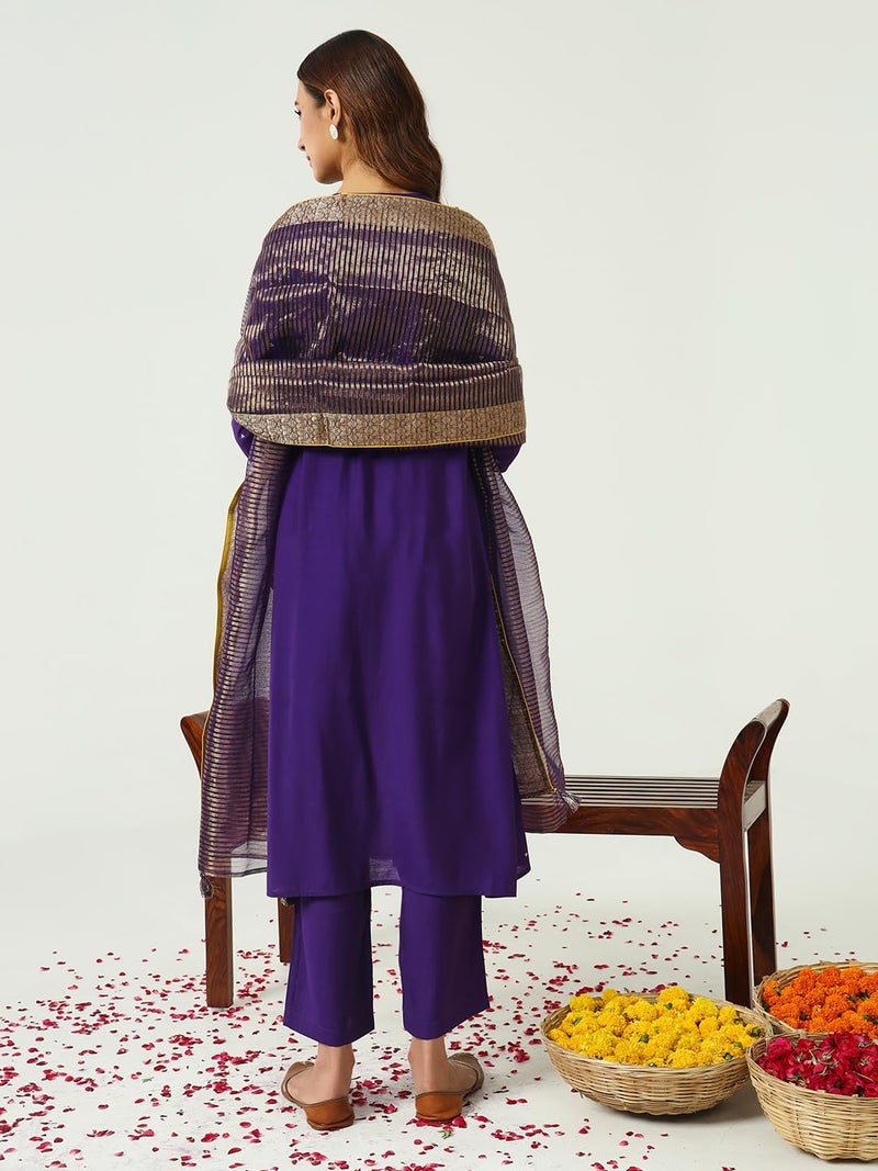 FIORRA Women's Purple Chanderi A-line Kurta with Pant and Dupatta - Image 2