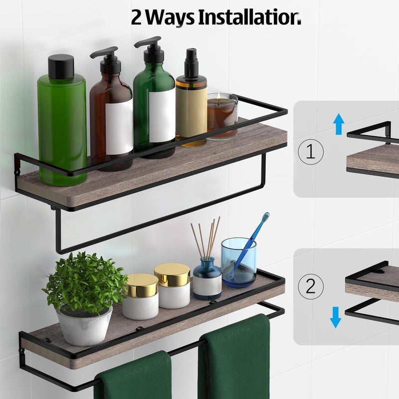Meangood Floating Shelves Wall Mounted, Wall Shelf with Towel Bar Rustic Wood Wall Storage Shelves for Bedroom,Living Room,Bathroom, Kitchen (Set of 2/Brown) - Image 3