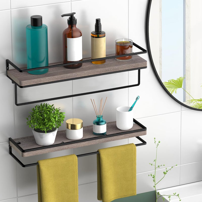 Meangood Floating Shelves Wall Mounted, Wall Shelf with Towel Bar Rustic Wood Wall Storage Shelves for Bedroom,Living Room,Bathroom, Kitchen (Set of 2/Brown) - Image 2