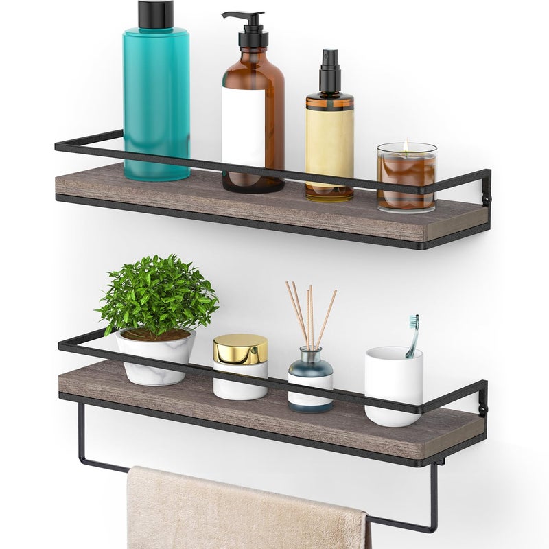 Meangood Floating Shelves Wall Mounted, Wall Shelf with Towel Bar Rustic Wood Wall Storage Shelves for Bedroom,Living Room,Bathroom, Kitchen (Set of 2/Brown) - Image 1