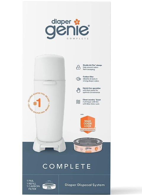 Diaper Genie complete diaper pail white with antimicrobial odor control includes 1 diaper trash can 1 refill bags 1 carbon filter packaging may vary