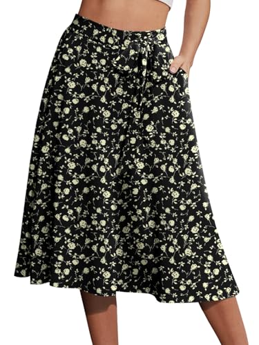 Yincro Women's A-Line Midi Skirt with Pockets High Waist Flared Below The Knee Skirts (Rose Beige on Black, L) - Image 4