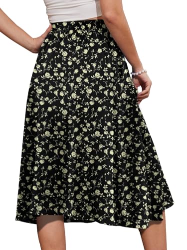 Yincro Women's A-Line Midi Skirt with Pockets High Waist Flared Below The Knee Skirts (Rose Beige on Black, L) - Image 2