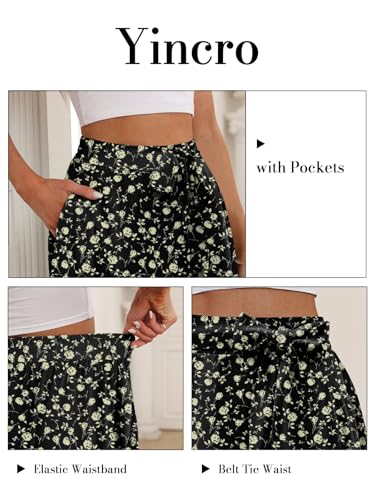 Yincro Women's A-Line Midi Skirt with Pockets High Waist Flared Below The Knee Skirts (Rose Beige on Black, L) - Image 3