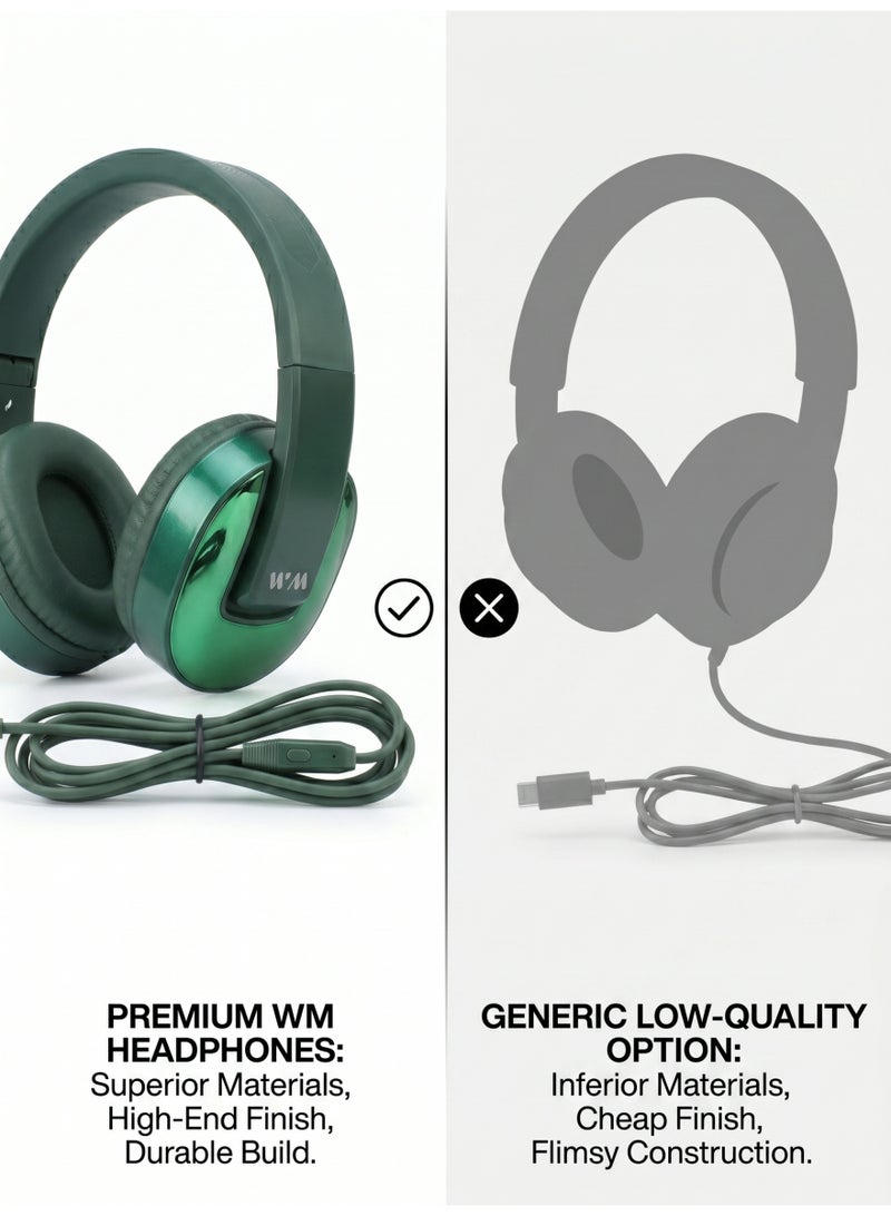 WELLMAX WM Over-Ear Wired Headphones, Green, USB Type-C, HD Stereo Sound, Built-in Microphone, Noise Isolation, for Android Smartphones & Tablets - WM09 - Image 5