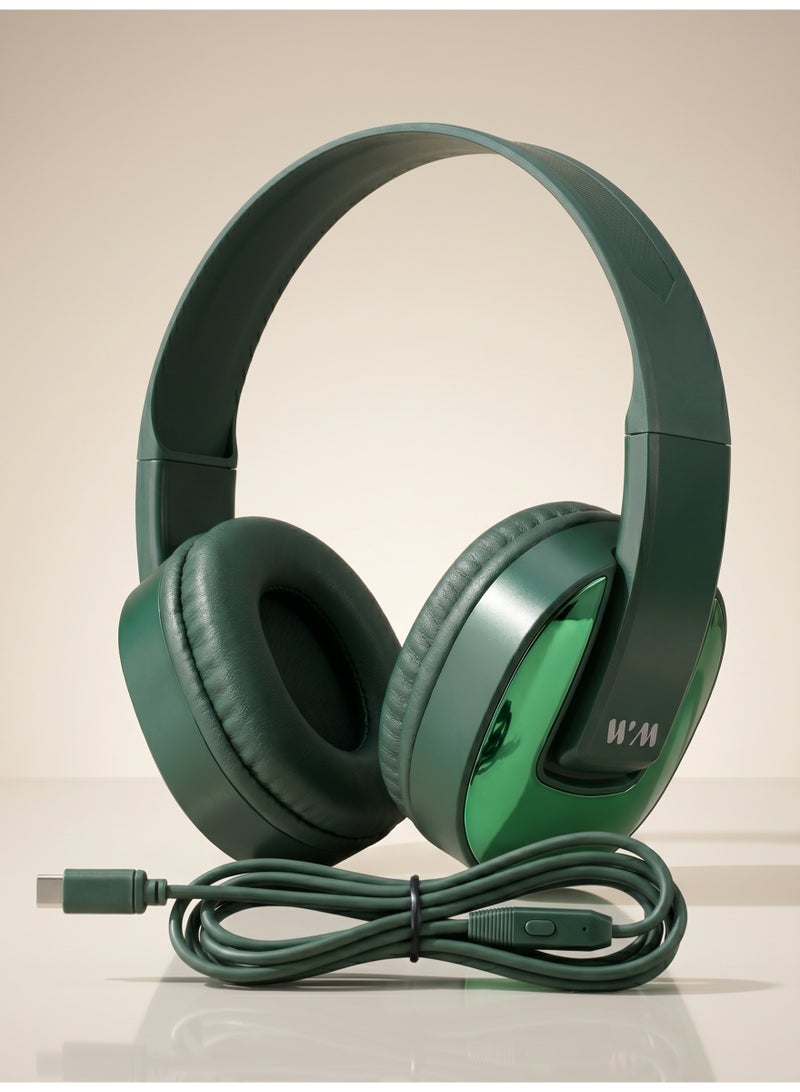 WELLMAX WM Over-Ear Wired Headphones, Green, USB Type-C, HD Stereo Sound, Built-in Microphone, Noise Isolation, for Android Smartphones & Tablets - WM09 - Image 3