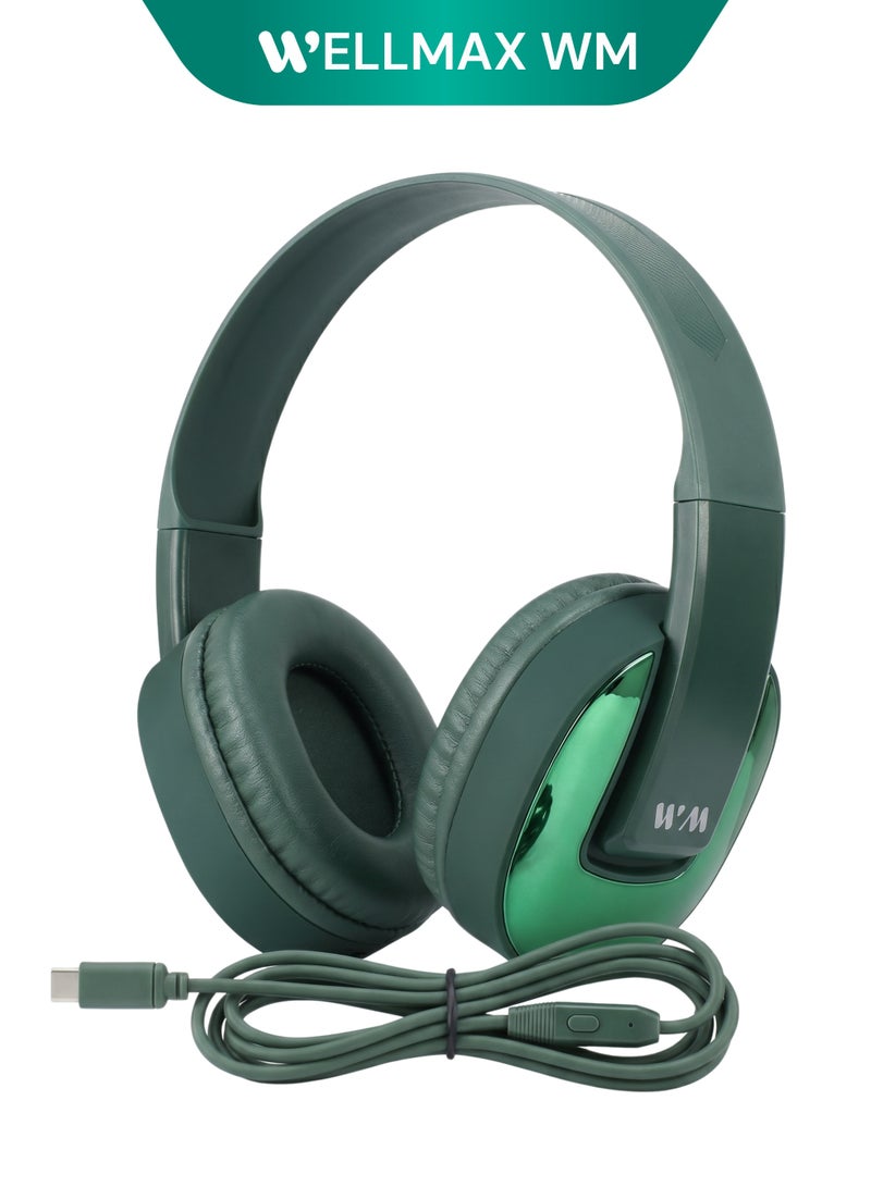 WELLMAX WM Over-Ear Wired Headphones, Green, USB Type-C, HD Stereo Sound, Built-in Microphone, Noise Isolation, for Android Smartphones & Tablets - WM09 - Image 1