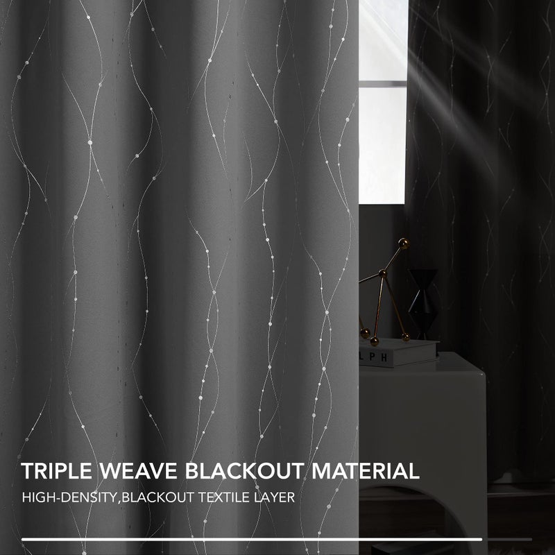 Deconovo Blackout Curtains, Light Grey Thermal Grommet Drapes, Silver Wave Dots Foil Print, Thermal Window Panels, 42" W x 95" L, 2 Panels, for Bedroom Living Room Patio Door - Image 4