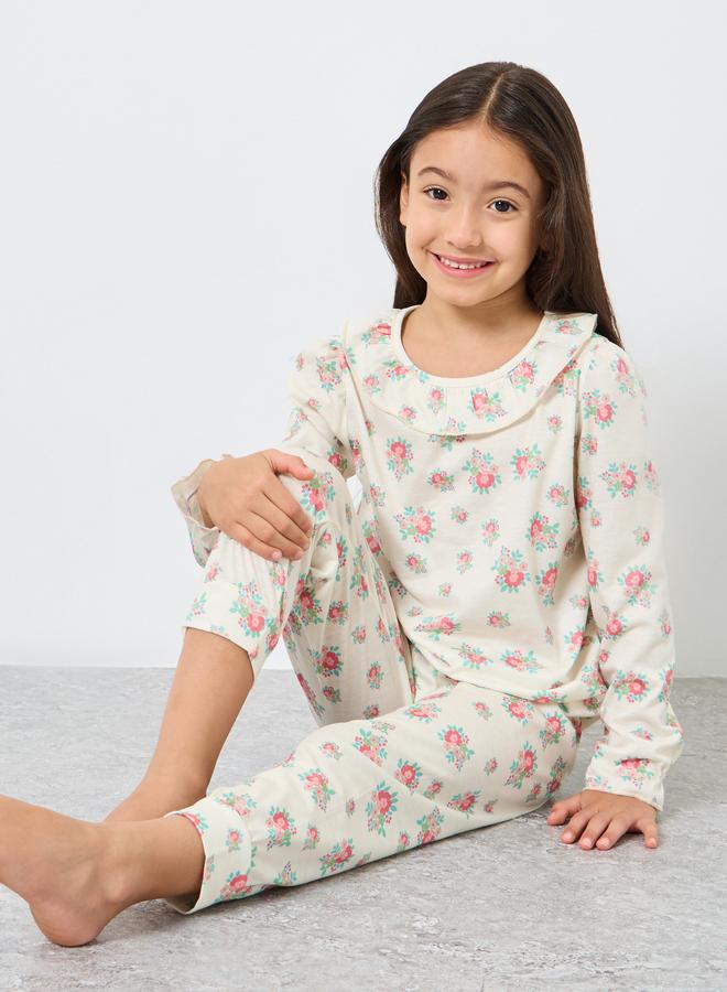 ستايلي طقم من بنطال بيجاما وتيشيرت بطبعة زهور - Image 1