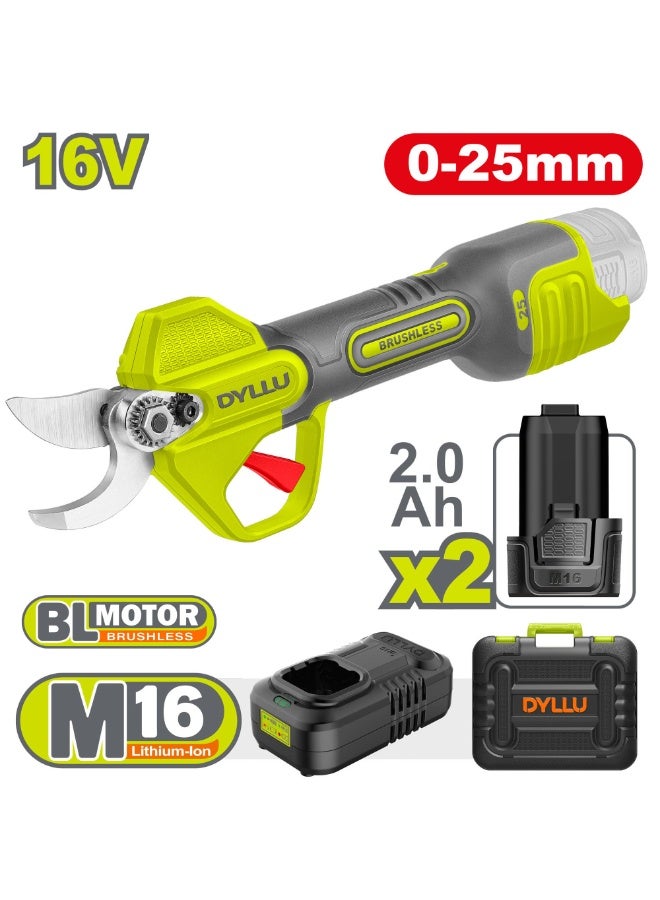 مقص شجيرات لاسلكي بدون فرشات DYLLU M16 16V | 25 مم كحد أقصى | بطاريات مزدوجة 2.0 أمبير
