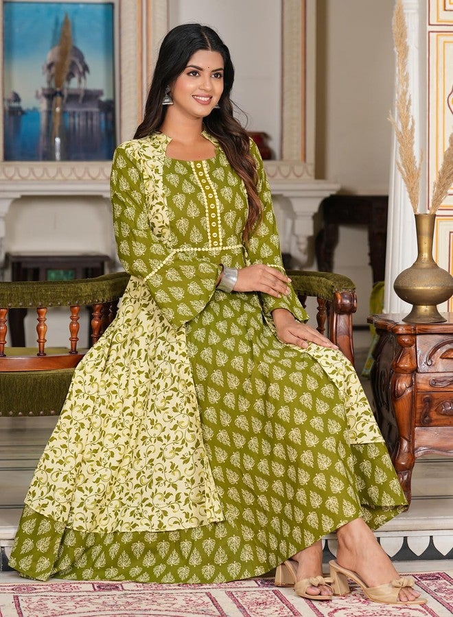 Yash Gallery Women's Plus Size Cotton Floral Printed Regular Fit Jacket Style Anarkali Kurta (1550PLYKGREEN, Green, 5XL) - Image 3