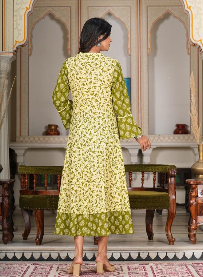 Yash Gallery Women's Plus Size Cotton Floral Printed Regular Fit Jacket Style Anarkali Kurta (1550PLYKGREEN, Green, 5XL) - Image 4