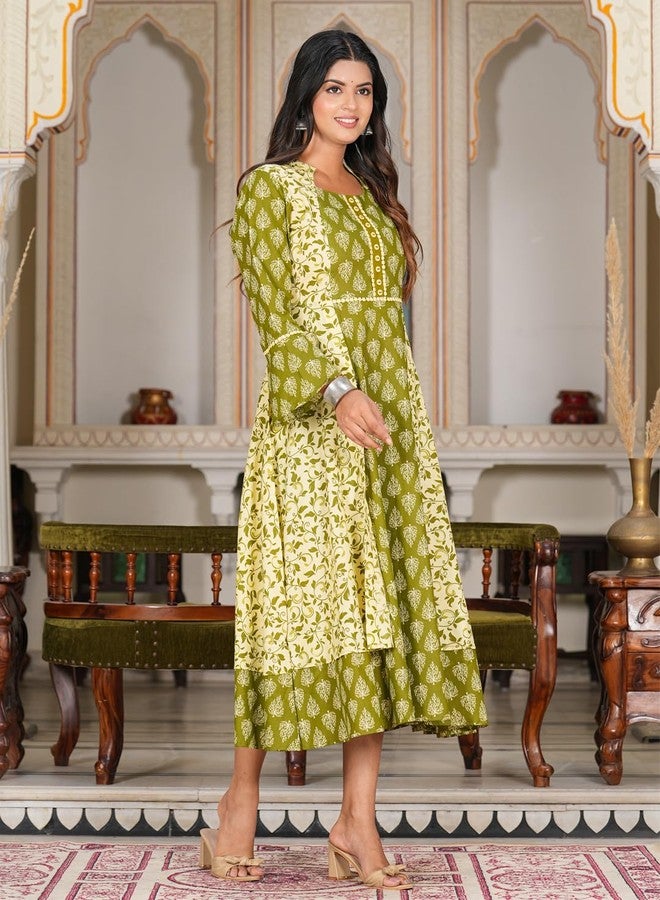 Yash Gallery Women's Plus Size Cotton Floral Printed Regular Fit Jacket Style Anarkali Kurta (1550PLYKGREEN, Green, 5XL) - Image 2