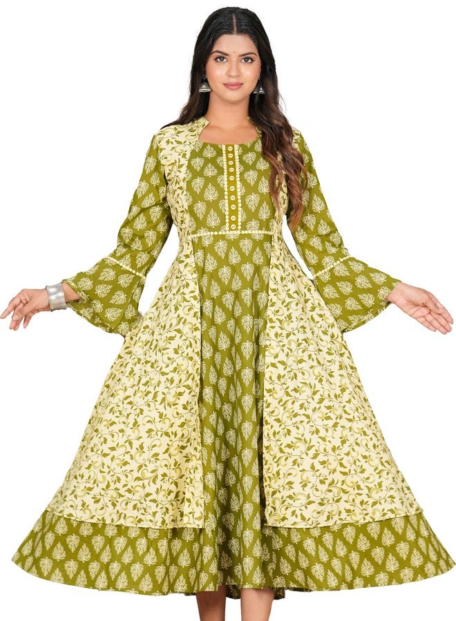 Yash Gallery Women's Plus Size Cotton Floral Printed Regular Fit Jacket Style Anarkali Kurta (1550PLYKGREEN, Green, 5XL) - Image 1